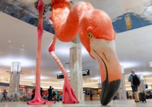 cabeça de bicudo Home: Instalação espetacular de Flamingo por Matthew Mazzotta colocacado no Terminal Central do Aeroporto Internacional de Tampa, USA.